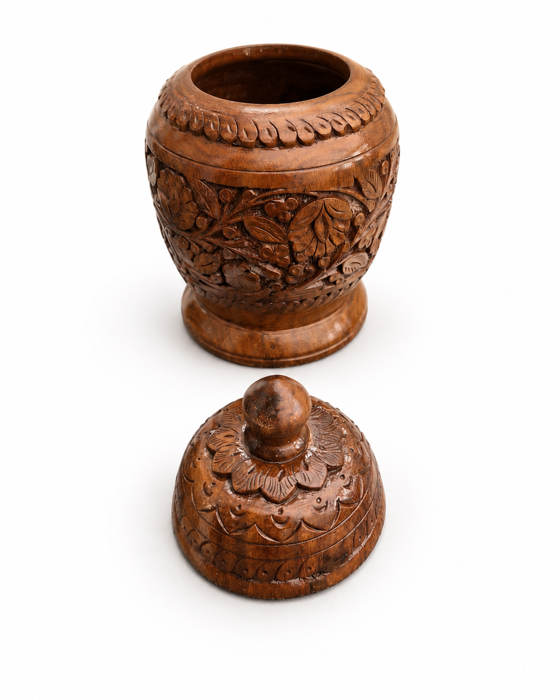 Handcrafted Wooden Storage Jar with Floral Carving