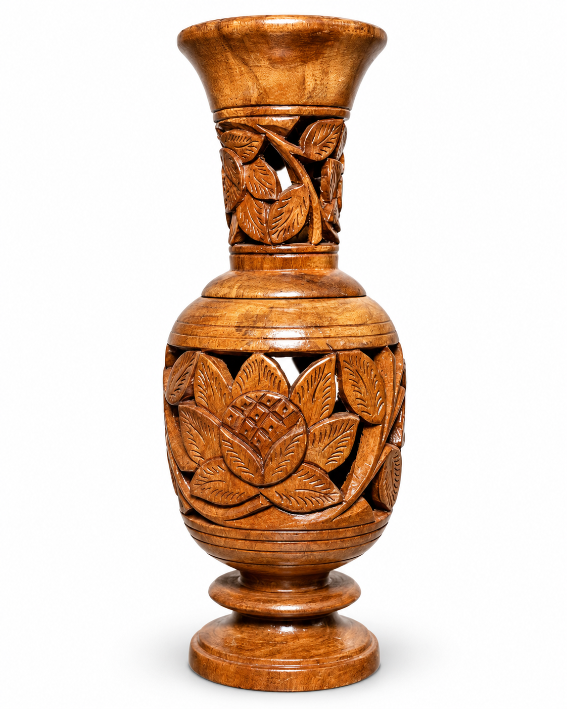 Handcrafted Wooden Storage Jar with Floral Carving
