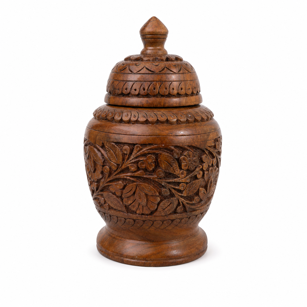 Hand-Carved Wooden Decorative Jar with Lid | Walnut & Resin
