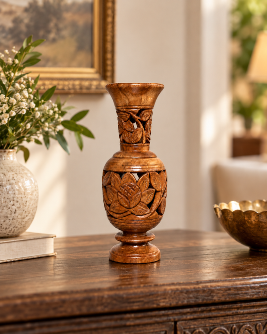 Handcrafted Wooden Storage Jar with Floral Carving