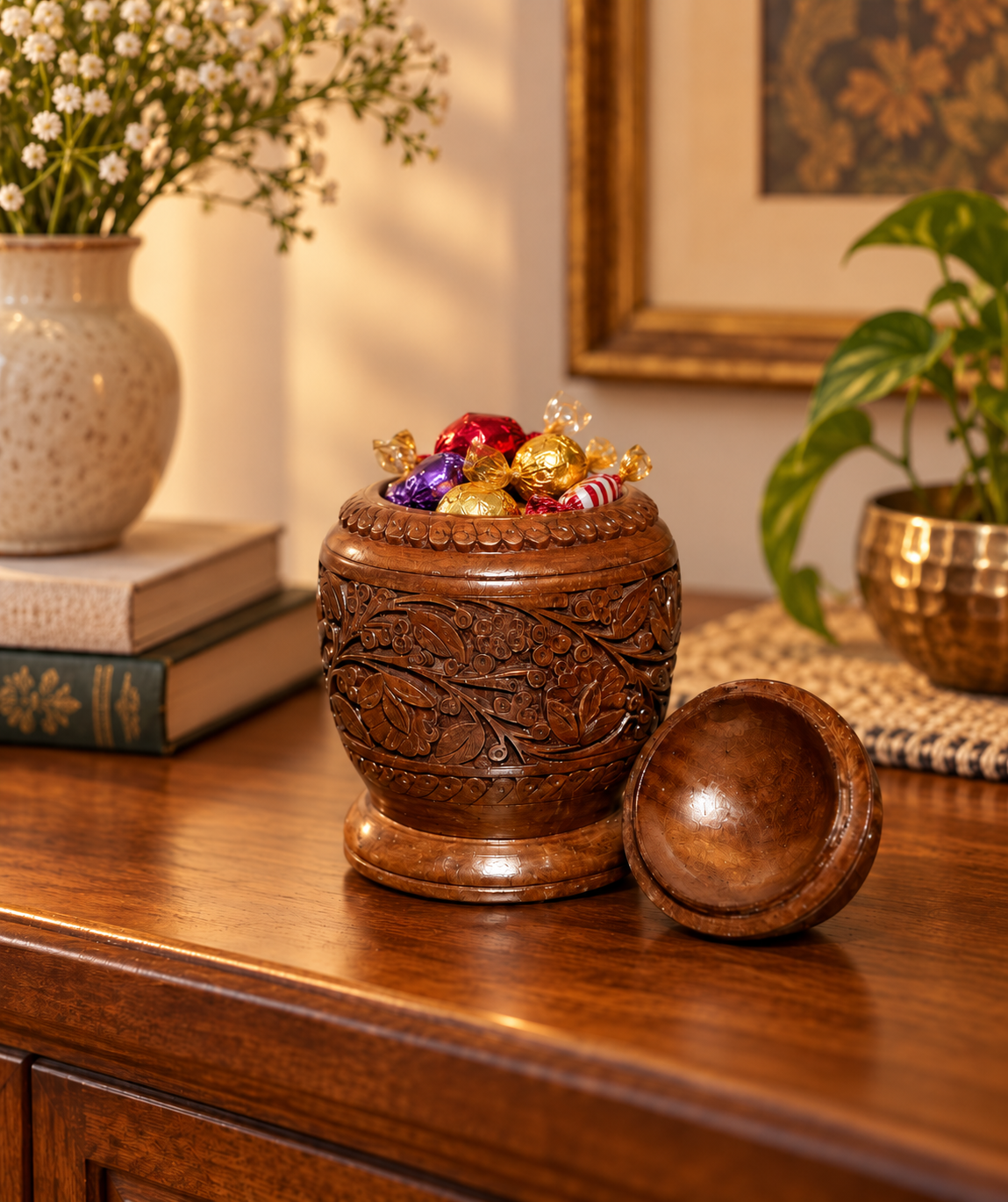 Handcrafted Wooden Storage Jar with Floral Carving