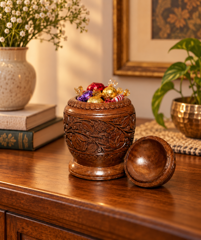 Handcrafted Wooden Storage Jar with Floral Carving