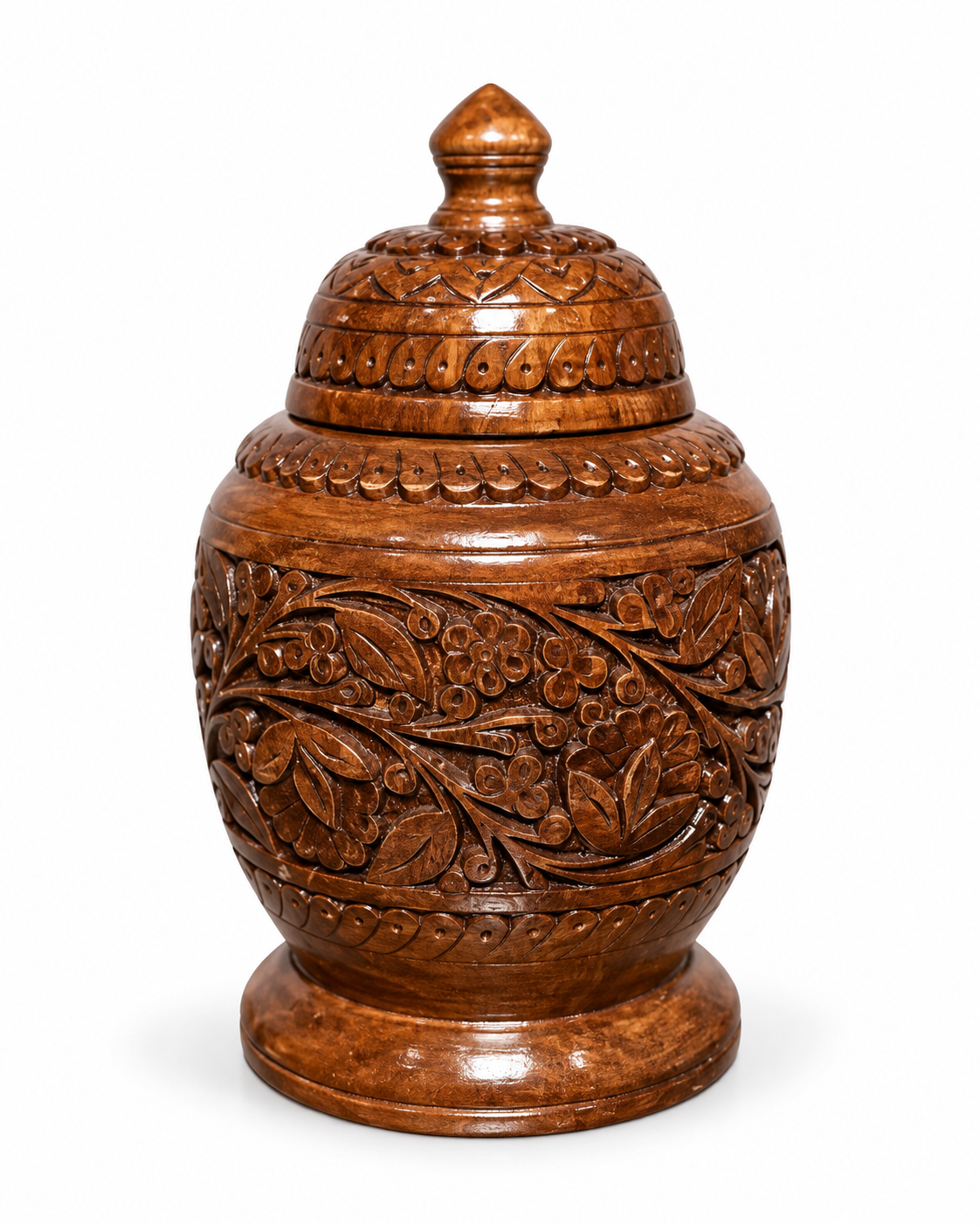 Handcrafted Wooden Storage Jar with Floral Carving