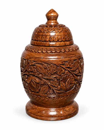 Handcrafted Wooden Storage Jar with Floral Carving