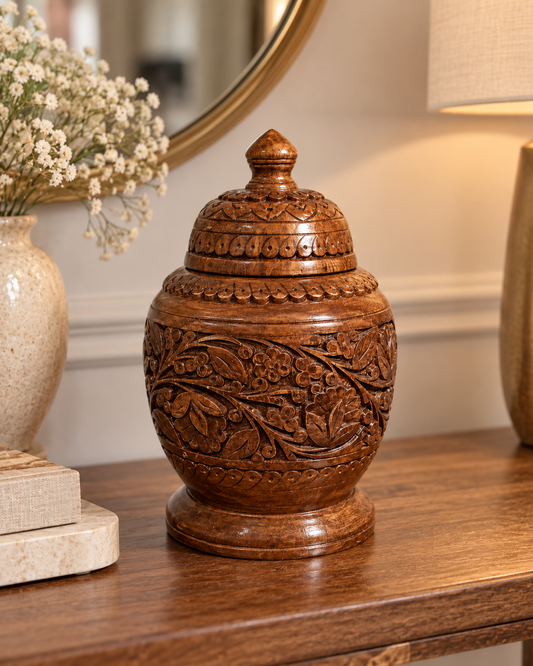 Handcrafted Wooden Storage Jar with Floral Carving