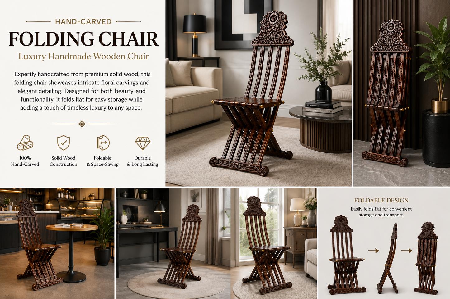 Hand Carved Wooden Folding Chair | Walnut & Resin