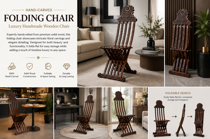 Hand Carved Wooden Folding Chair | Walnut & Resin