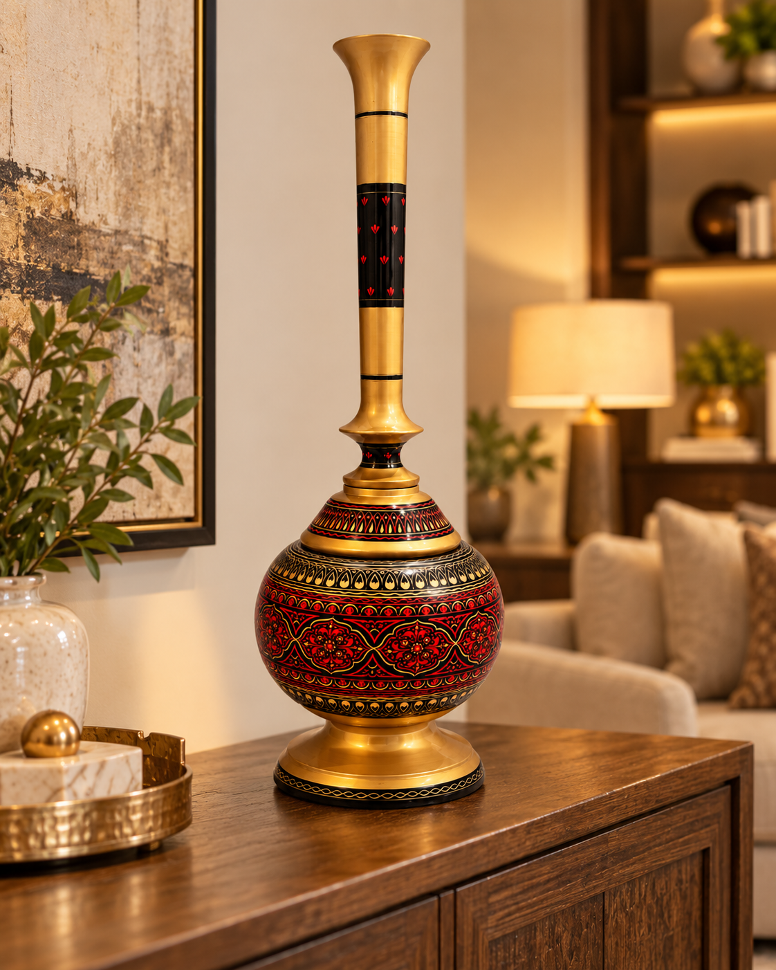 Handcrafted Tall Decorative Vase with Red & Gold Detailing
