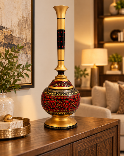 Handcrafted Tall Decorative Vase with Red & Gold Detailing