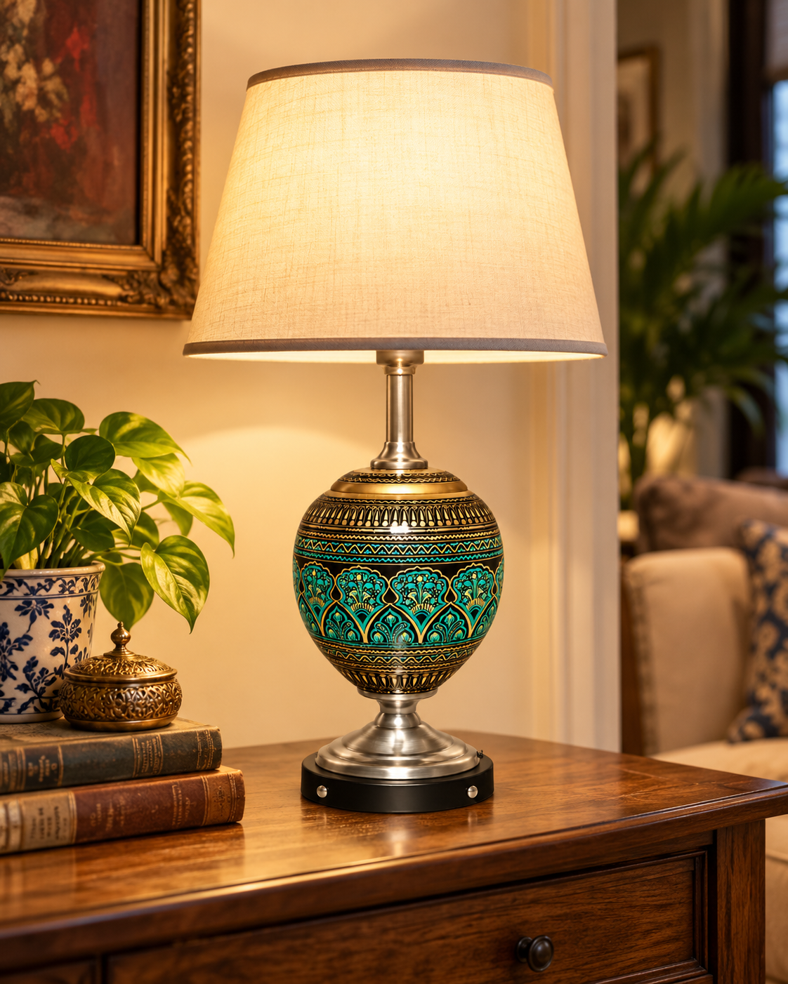 Handcrafted Turquoise & Gold Decorative Table Lamp